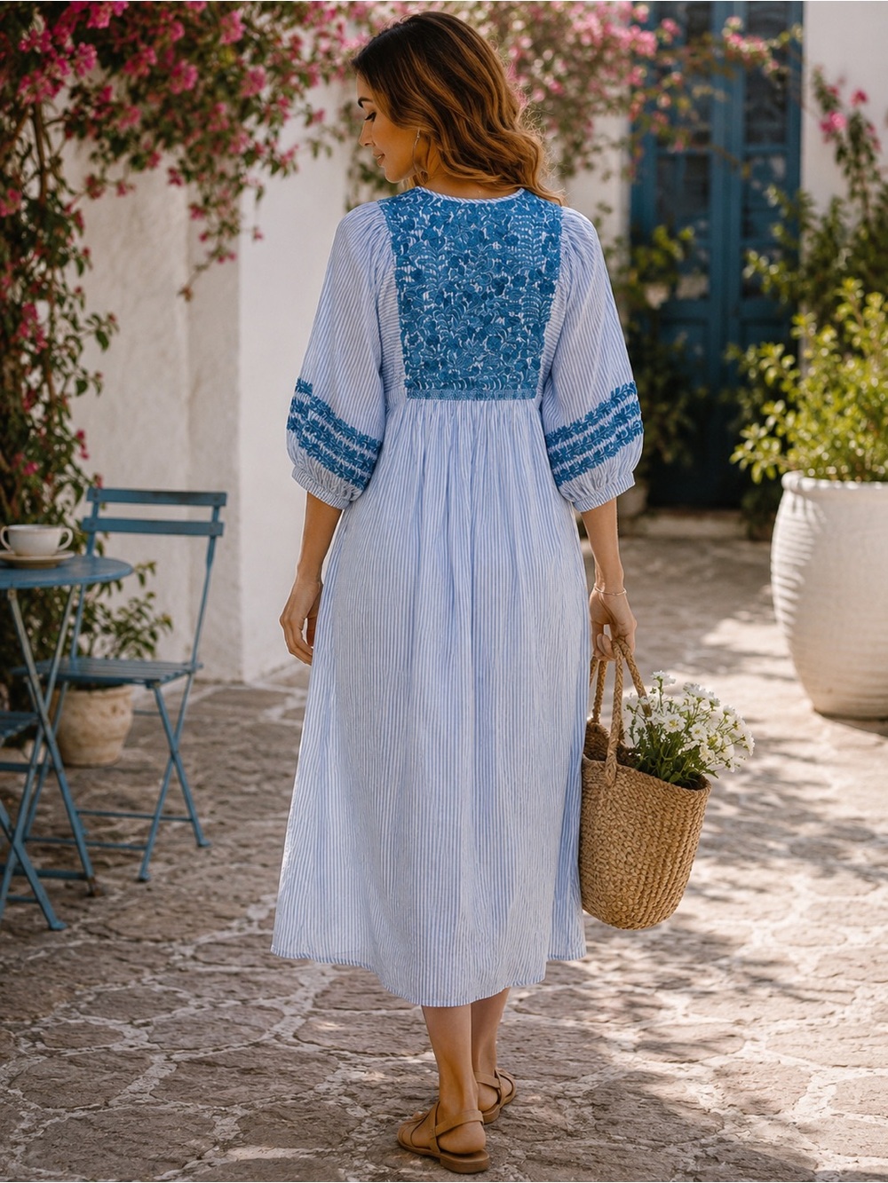 J. Marie Tristen Embroidered Midi Dress in Blue Stripe Size Medium - Picture 3 of 6